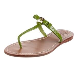 Tory Burch Green Patent Leather Bow T-Strap Flat Sandals 10